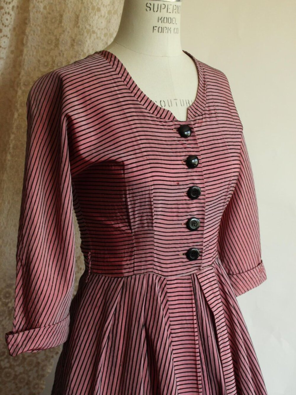 Vintage 1940s Dress, Dolly Myers Inc Pink and Black Striped Silk New Look, Full - Picture 8 of 16